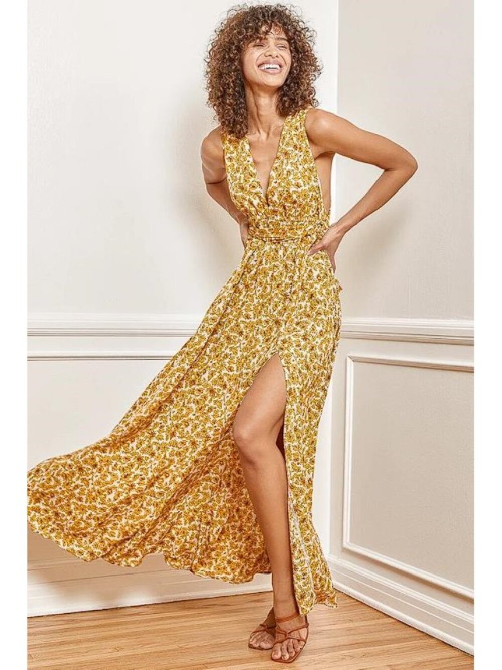 LULUS These are the Days Mustard Yellow Floral Print Halter Maxi Dress Size S